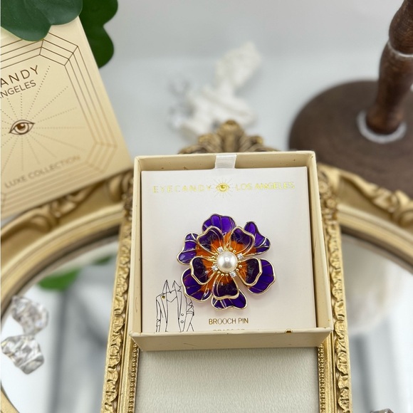 Eyecandy LA Enamel Flower Brooch – Purple & Orange with Pearl Center - Picture 5 of 5